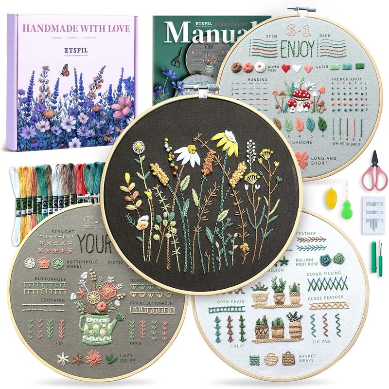 ETSPIL Embroidery Kit for Beginners, 4 Floral Patterns, Learn 33 Stitches, Pre-Printed Fabric, 7.8-Inch Hoop, Colored Threads and Needles, Easy Video Guide, DIY Hand Sewing Gift for Adults and Teens - Image 1